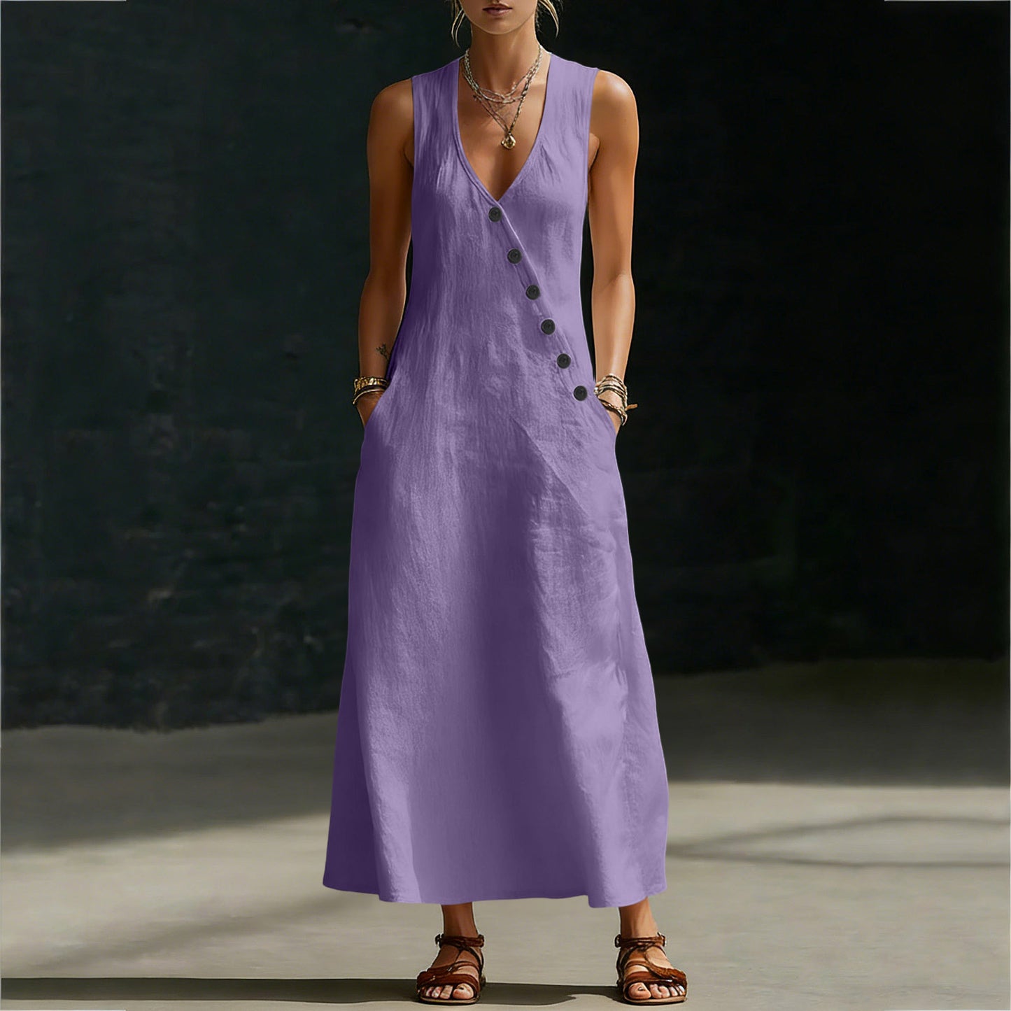 Idle Style Double-breasted Cotton Linen Sleeveless Dress