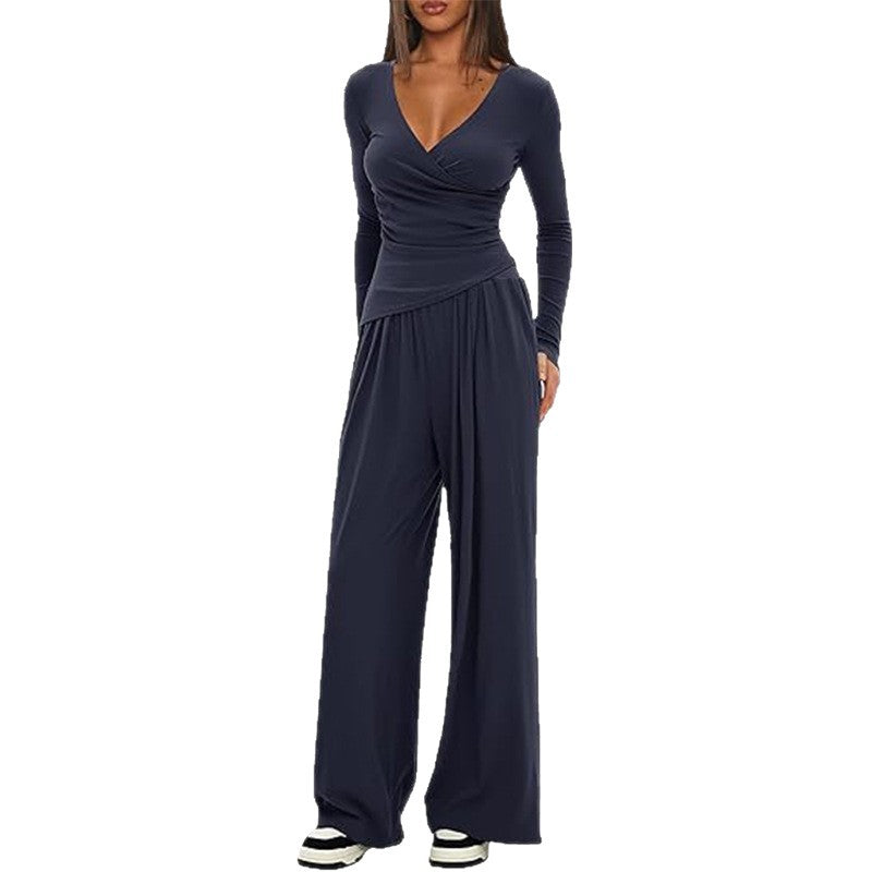 Solid Color Warp Knitted Long-sleeved Matching Fashion Casual Suit