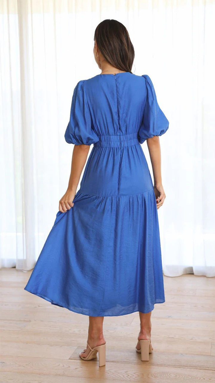 Women's Fashion Wear Summer High-grade Deep V Puff Sleeve Dress