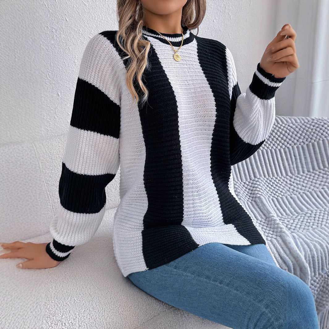 Women's Casual Contrast Color Striped Lantern Long Sleeve Sweater