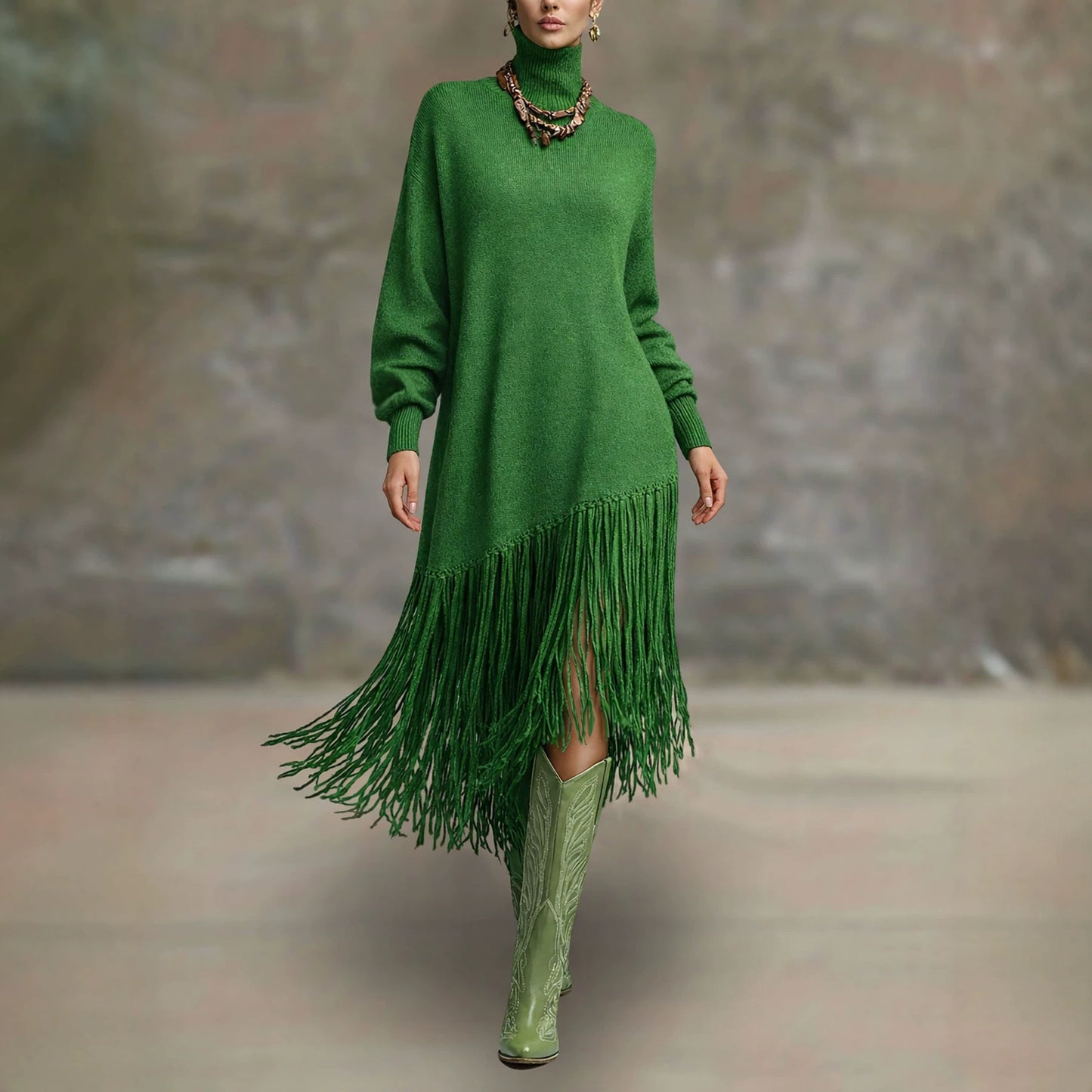 Women's Bohemian Long Fringe Design Solid Color Mature Dress