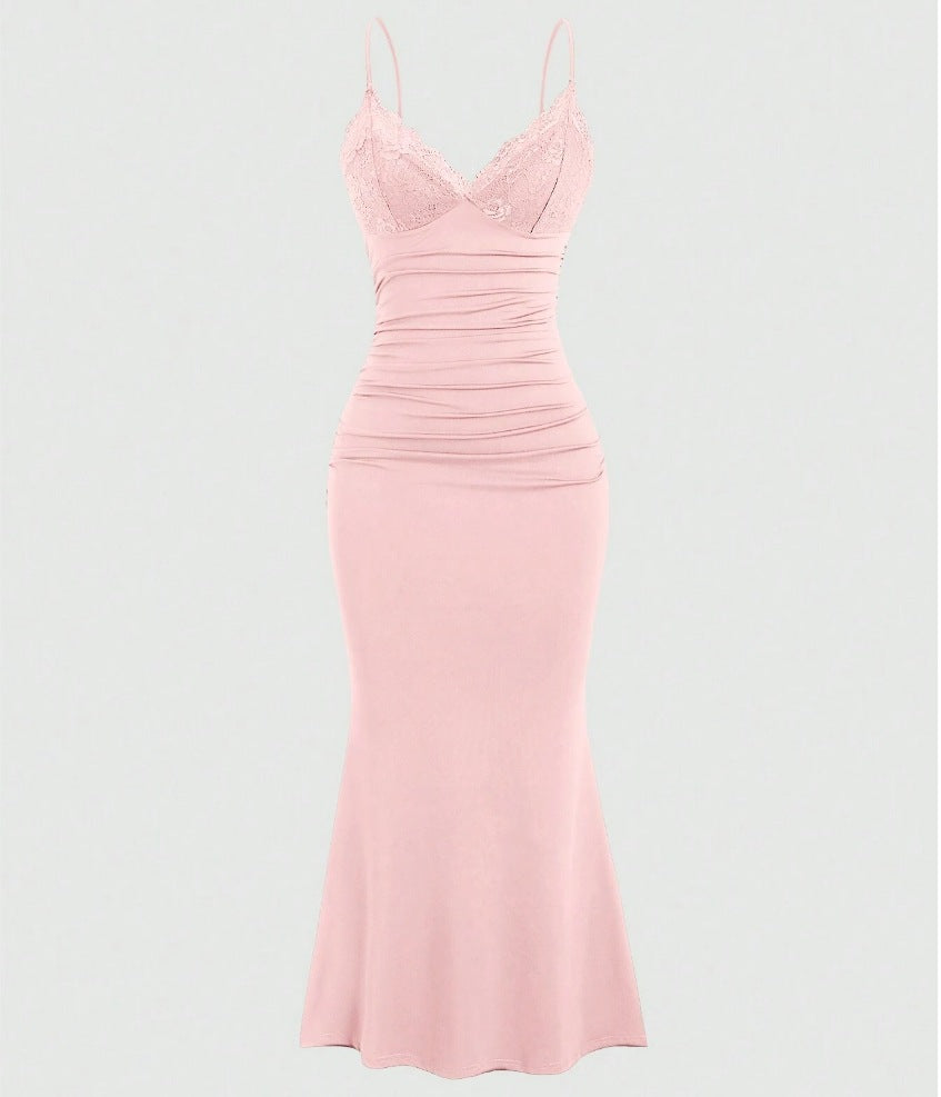 Women's American Elegant Lace Stitching Solid Color Pleated Fishtail Hem Suspender Dress