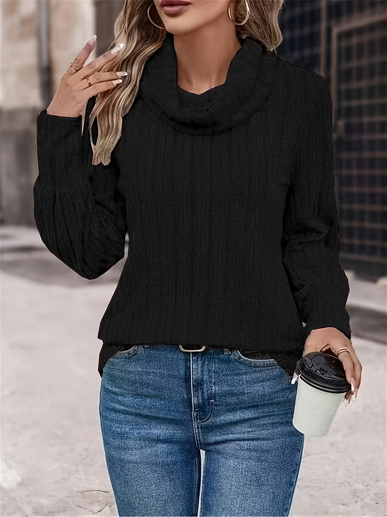 Women's Casual Solid Color Turtleneck Long Upper Outer Women's Sweater