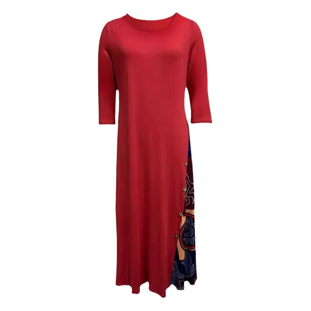 Autumn Temperament Button Printed Round Neck Dress