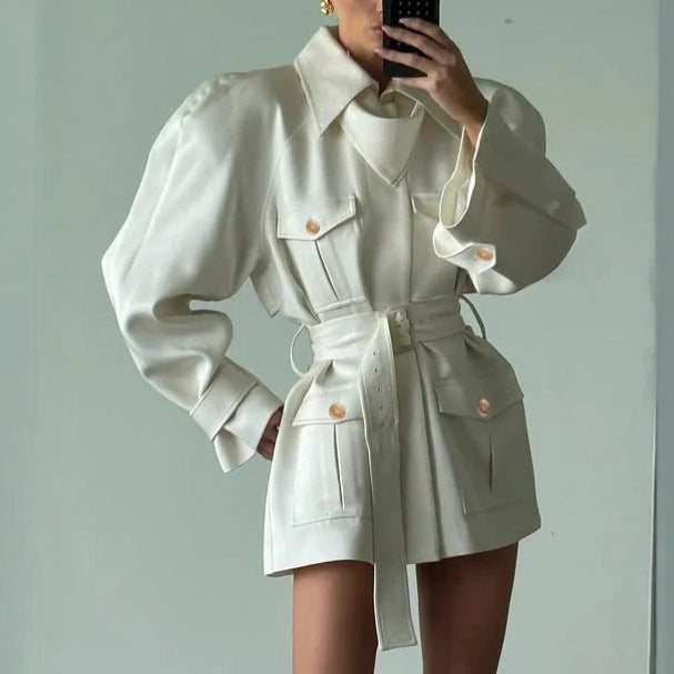 Women's Style Temperament Polo Collar Solid Color Long-sleeved Coats