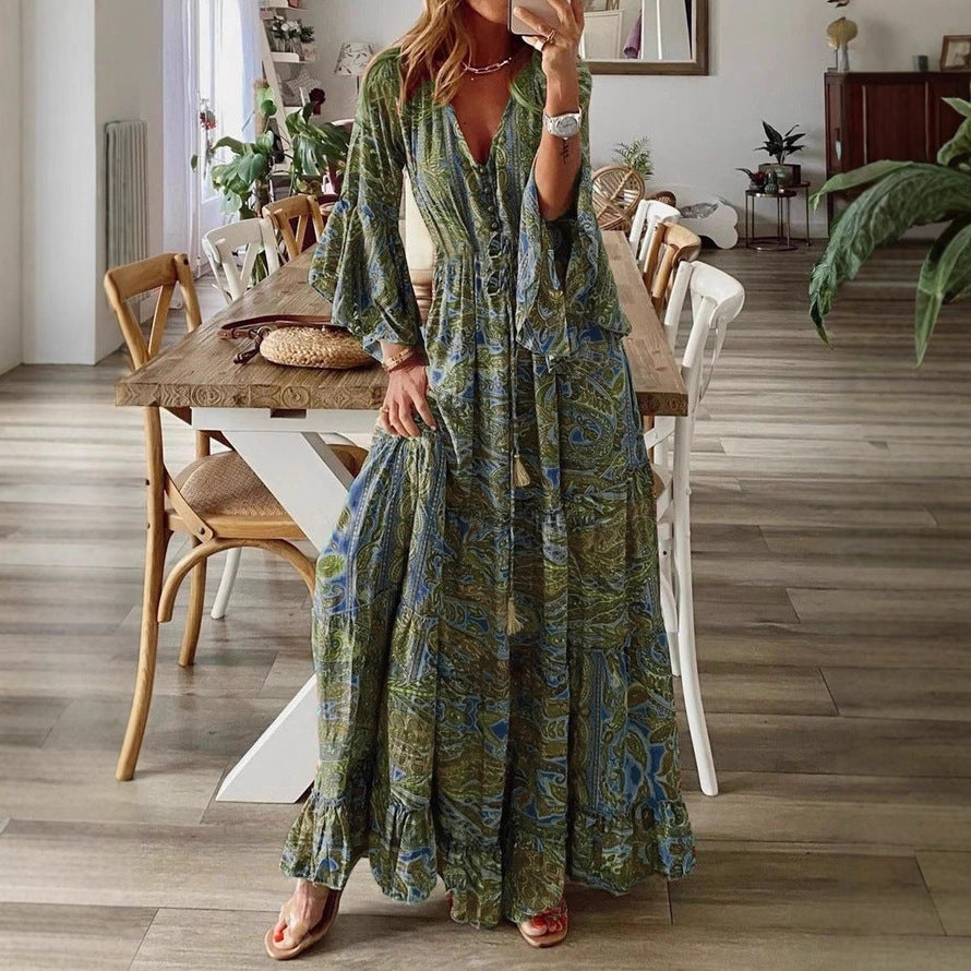 Bohemian Flare Sleeve Printed High Waist Holiday Dress