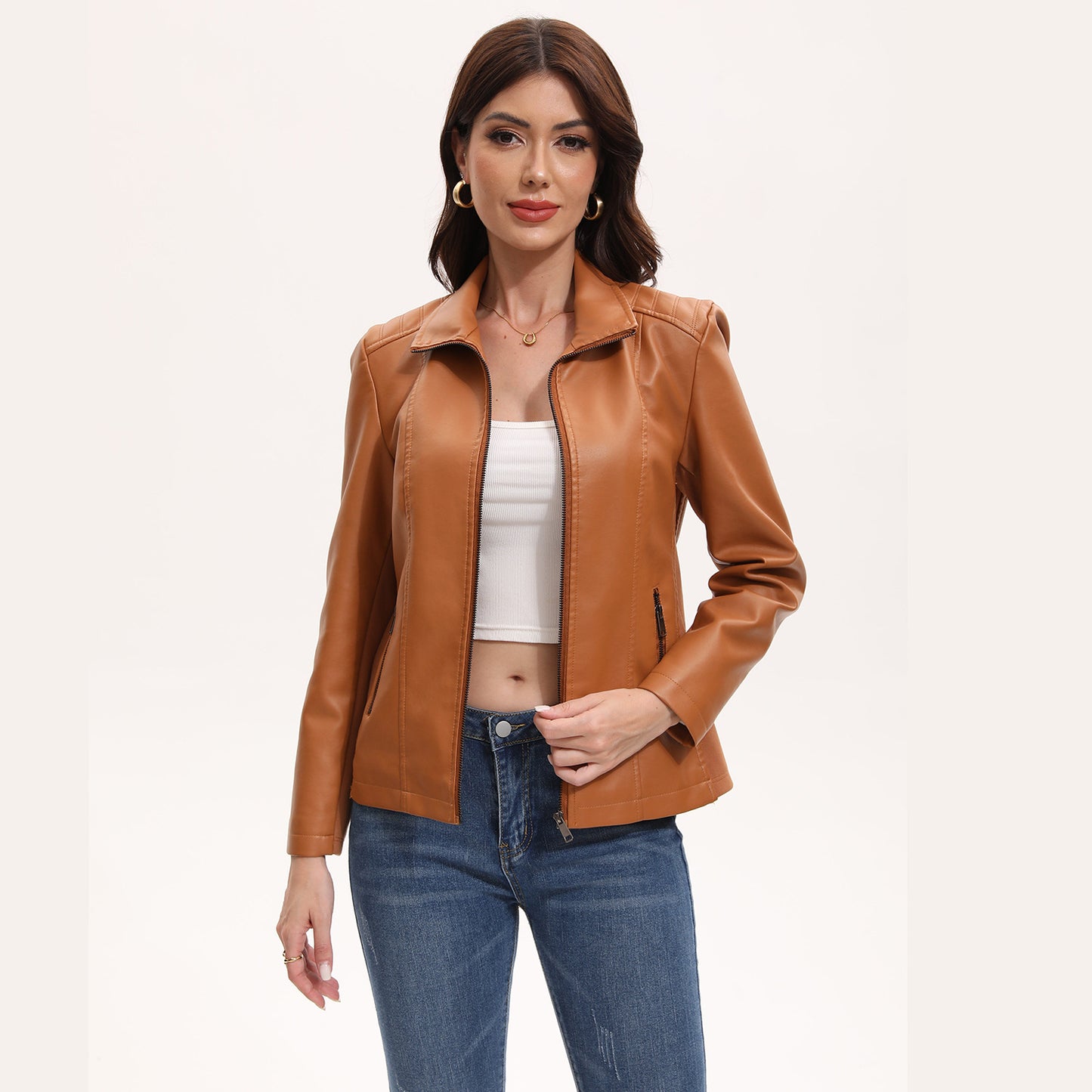 Women's Fashion Wear Leather Knitted Stitching Stretch Jackets
