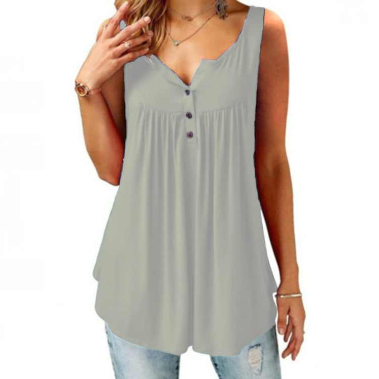 Women's Summer Solid Color Pleating Sleeveless Casual Blouses