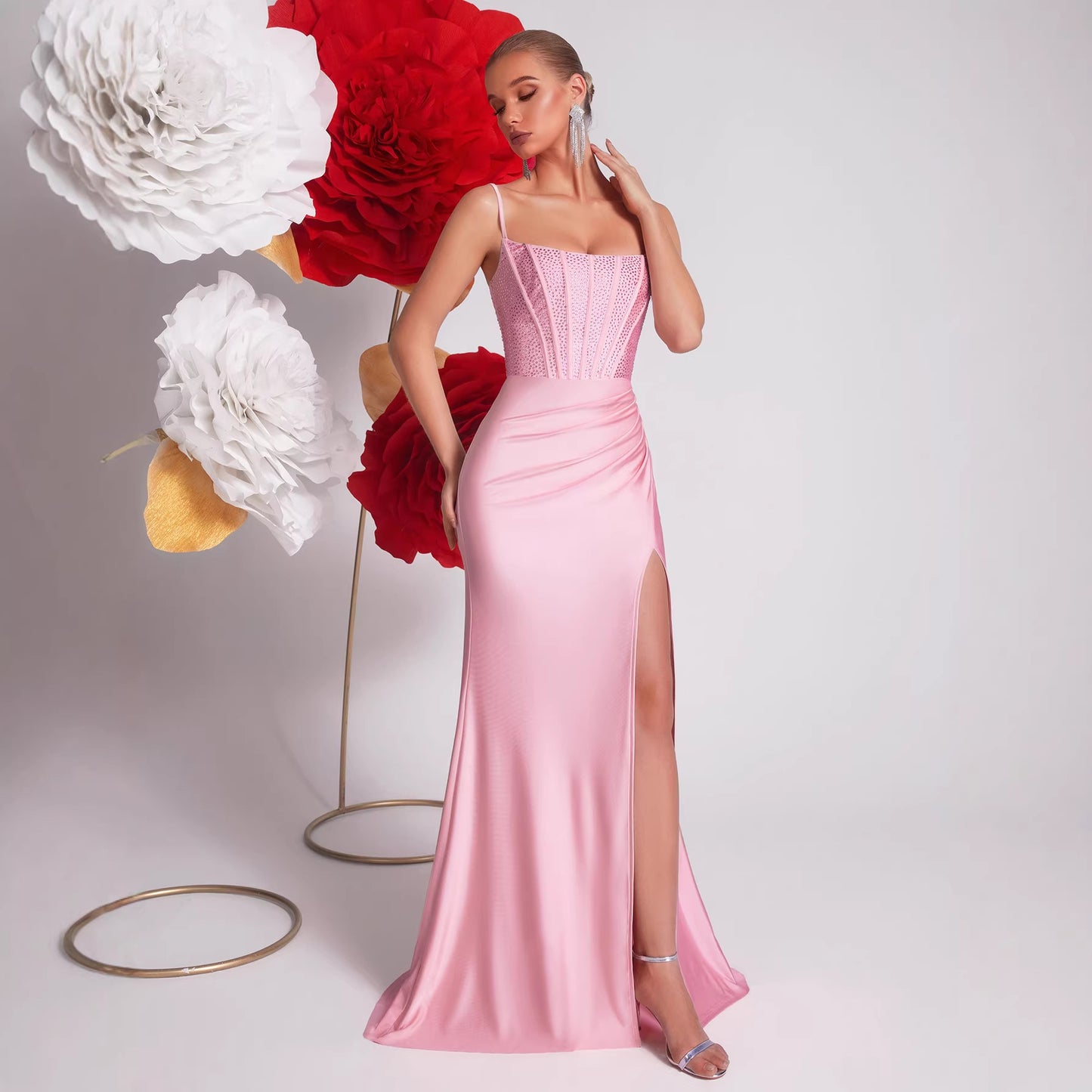 Pink Sling Fishbone Light Luxury Rhinestone Waist Slit Fishtail Dress