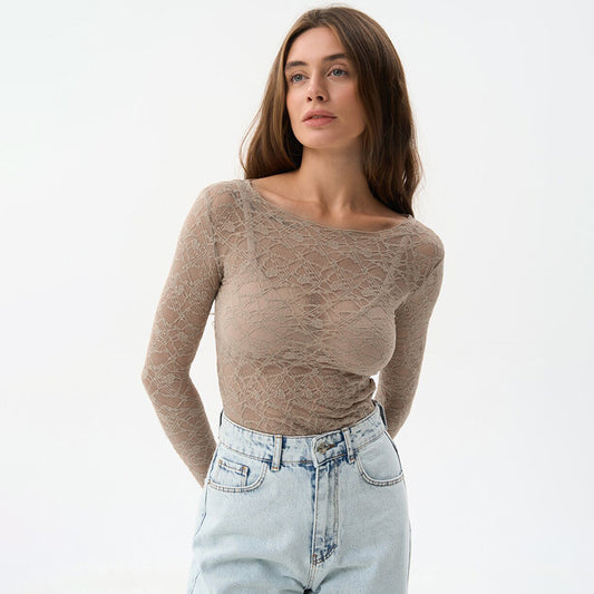 Women's Autumn Solid Color Round Neck Simple Sexy Lace Blouses