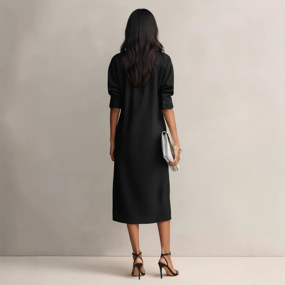 Lapel Long Sleeve Commuter Black Casual Dress