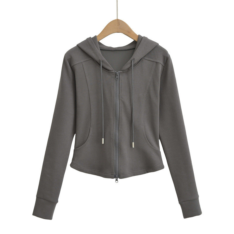 Autumn Fashion Simple Style Double Zipper Hooded Drawstring Tops