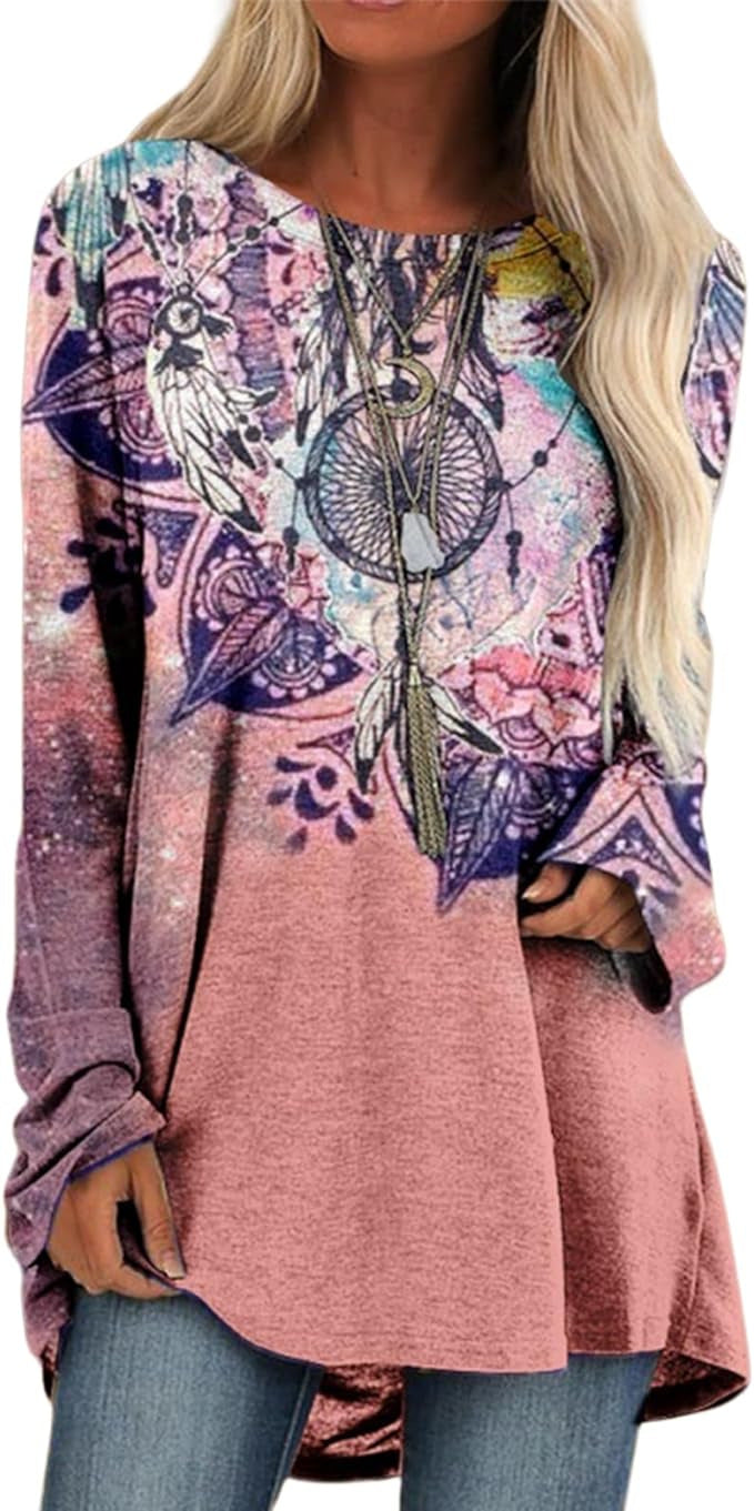 Women's Digital Printing Round Neck Long Sleeve Blouses