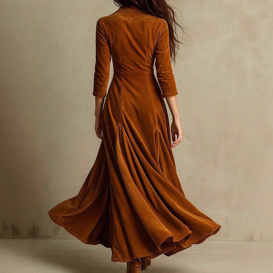 Women's Color Buttons Lapel Sleeve Maxi Waist Dress