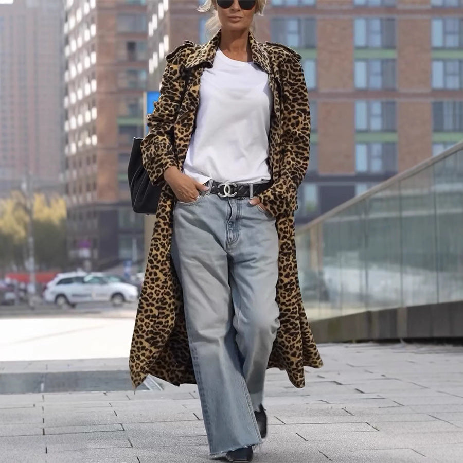 Women's Print Lapel Windbreaker Loose Casual Long Coats