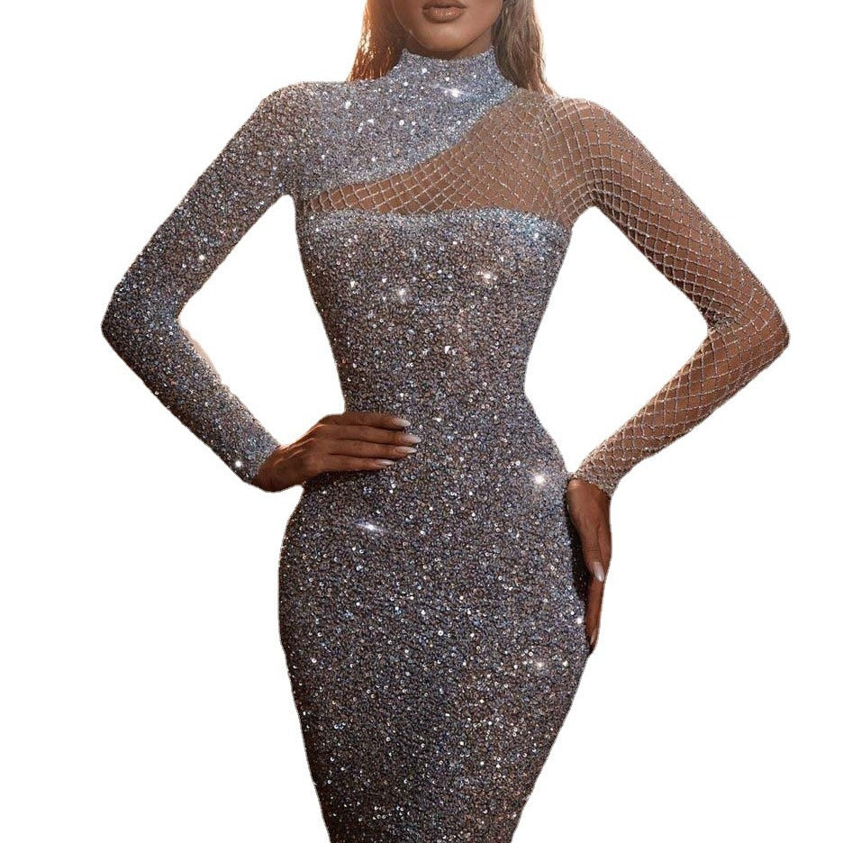 Women's Hollow Out Bandeau Mesh Sequins Formal Dress