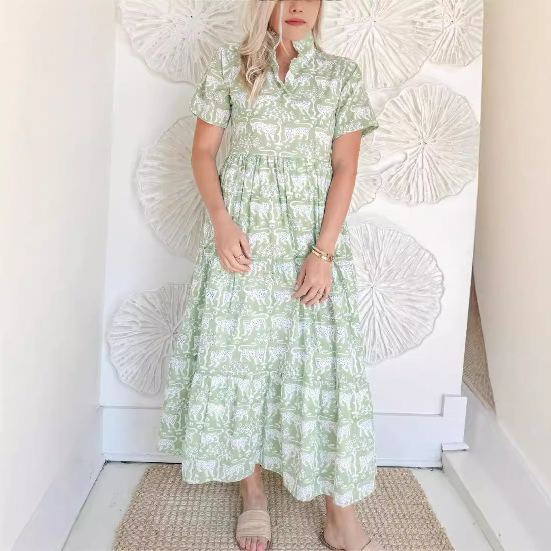 Summer Leopard Print Sleeve Pocket Long Dresses