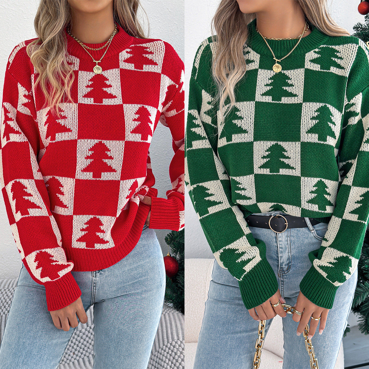 Women's Christmas Tree Plaid Lantern Long Sleeve Clothing