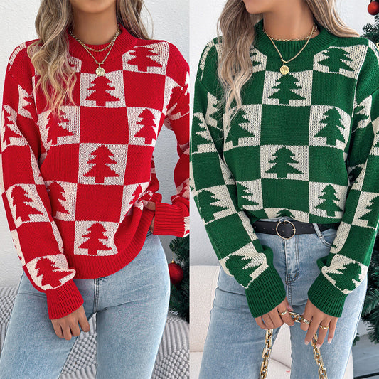 Women's Christmas Tree Plaid Lantern Long Sleeve Clothing