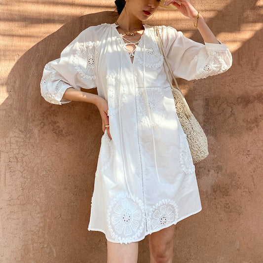 Women's White A- Line Texture French Style Vacation Dresses