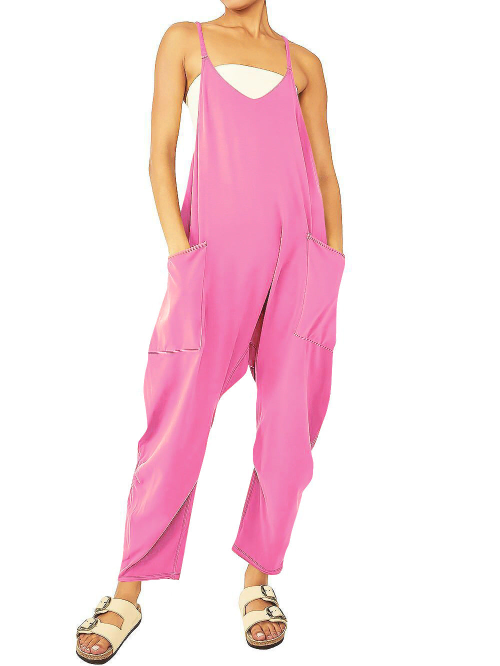 Women's Casual Pocket Spaghetti Straps Knitted One-piece Jumpsuits
