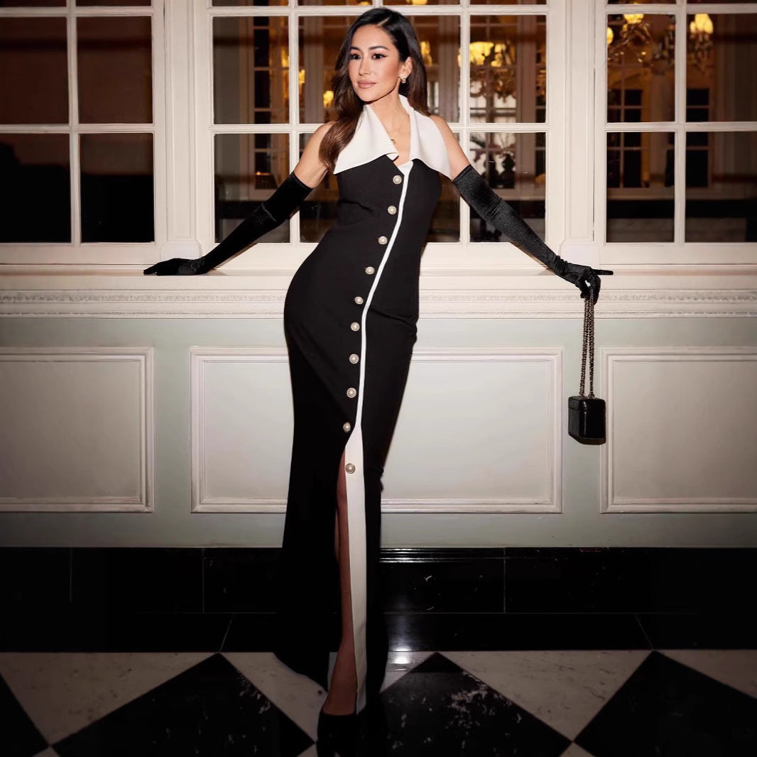 Color Contrast Reverse Collar Design Sense Mid-length Advanced Black White Dress