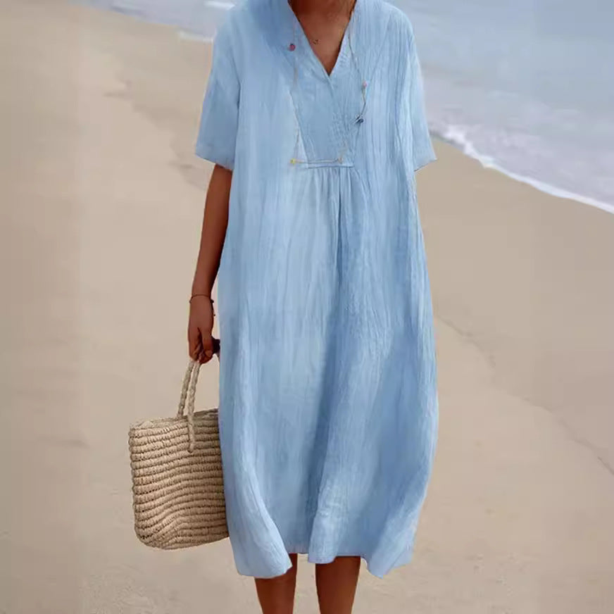 Women's Versatile Casual Solid Color Cotton Linen Dress