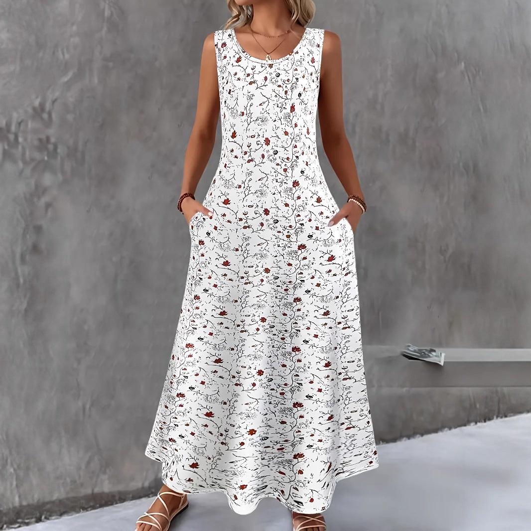 Fashionable Round Neck Sleeveless Printed Elegant Dress