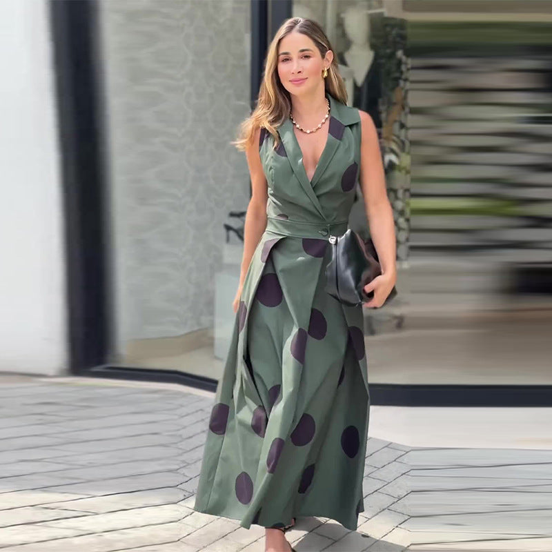 Autumn Solid Color Polo Collar Pleated Long Dresses