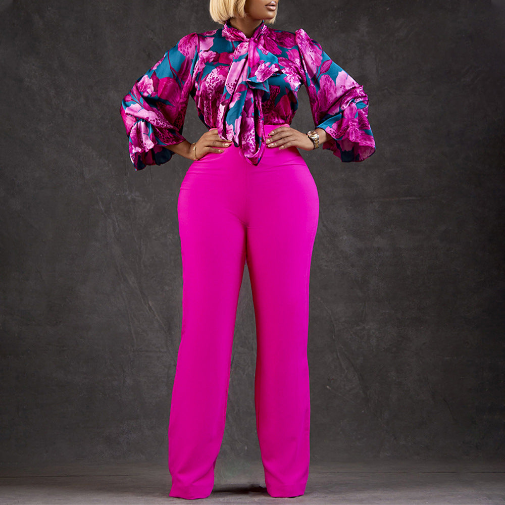 Women's Loose Large Printed Long-sleeved Shirt Two-piece Fashion Casual Suit