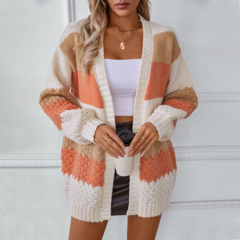 Women's Contrast Color Striped Casual Loose Lantern Sweater