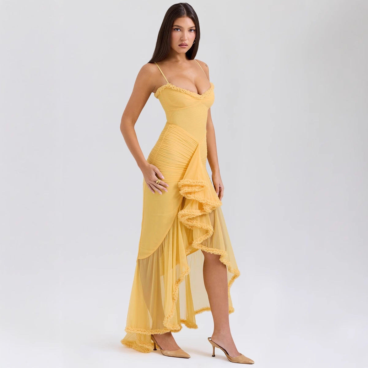 Quality Yellow Suspender Lace Long Dress Dresses