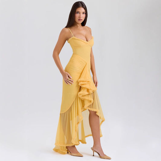 Quality Yellow Suspender Lace Long Dress Dresses