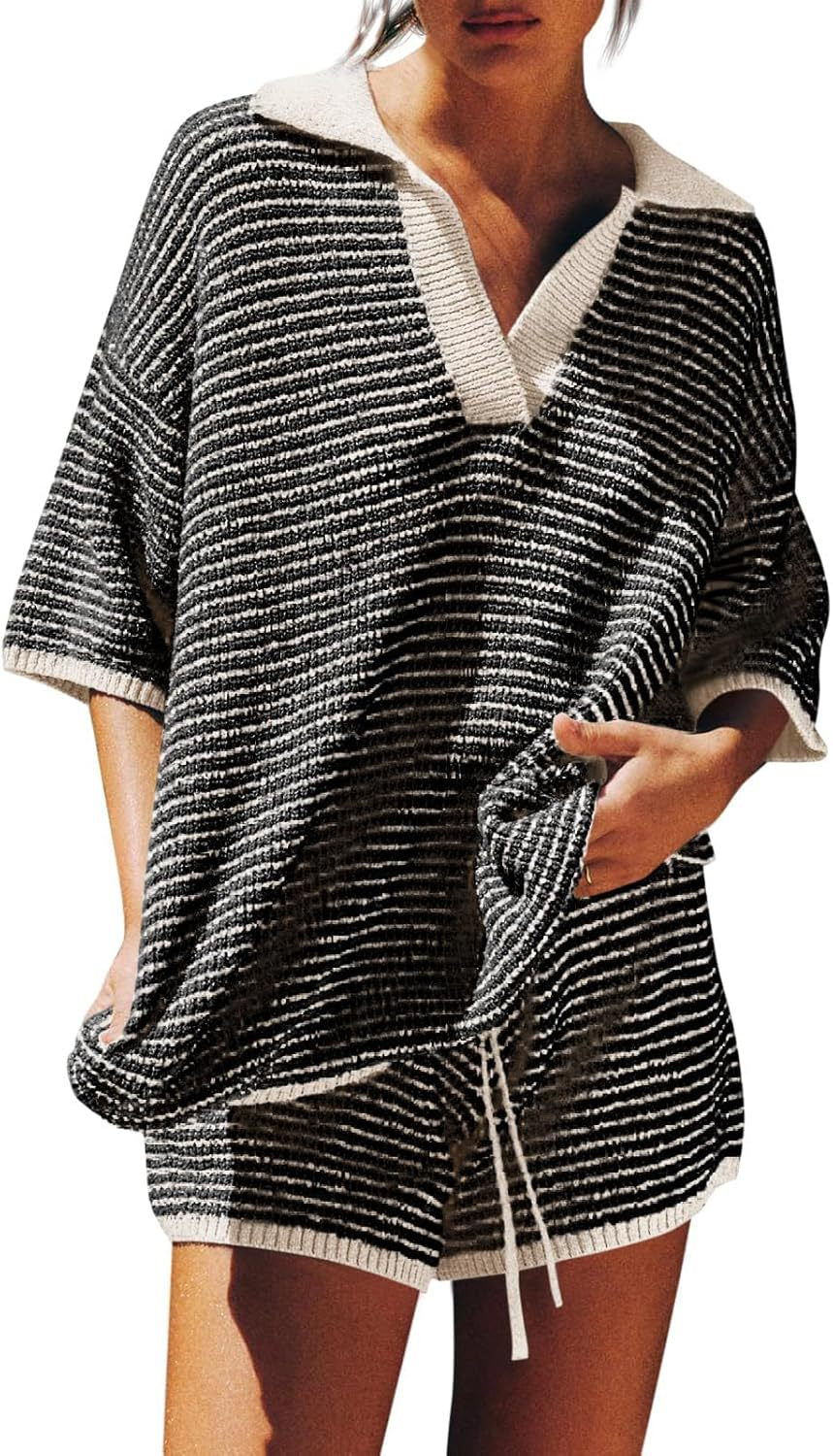 Women's Home Wear Two-piece Large Collar Striped Knitted High Suits