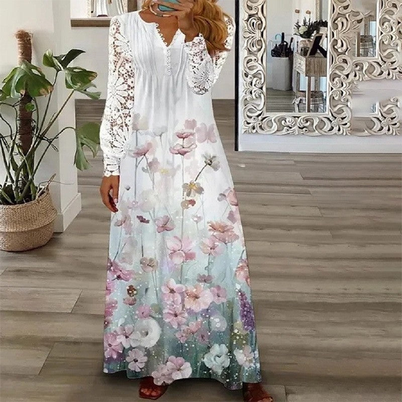Women's Autumn Fashion Printed Lace Long-sleeved Clothing
