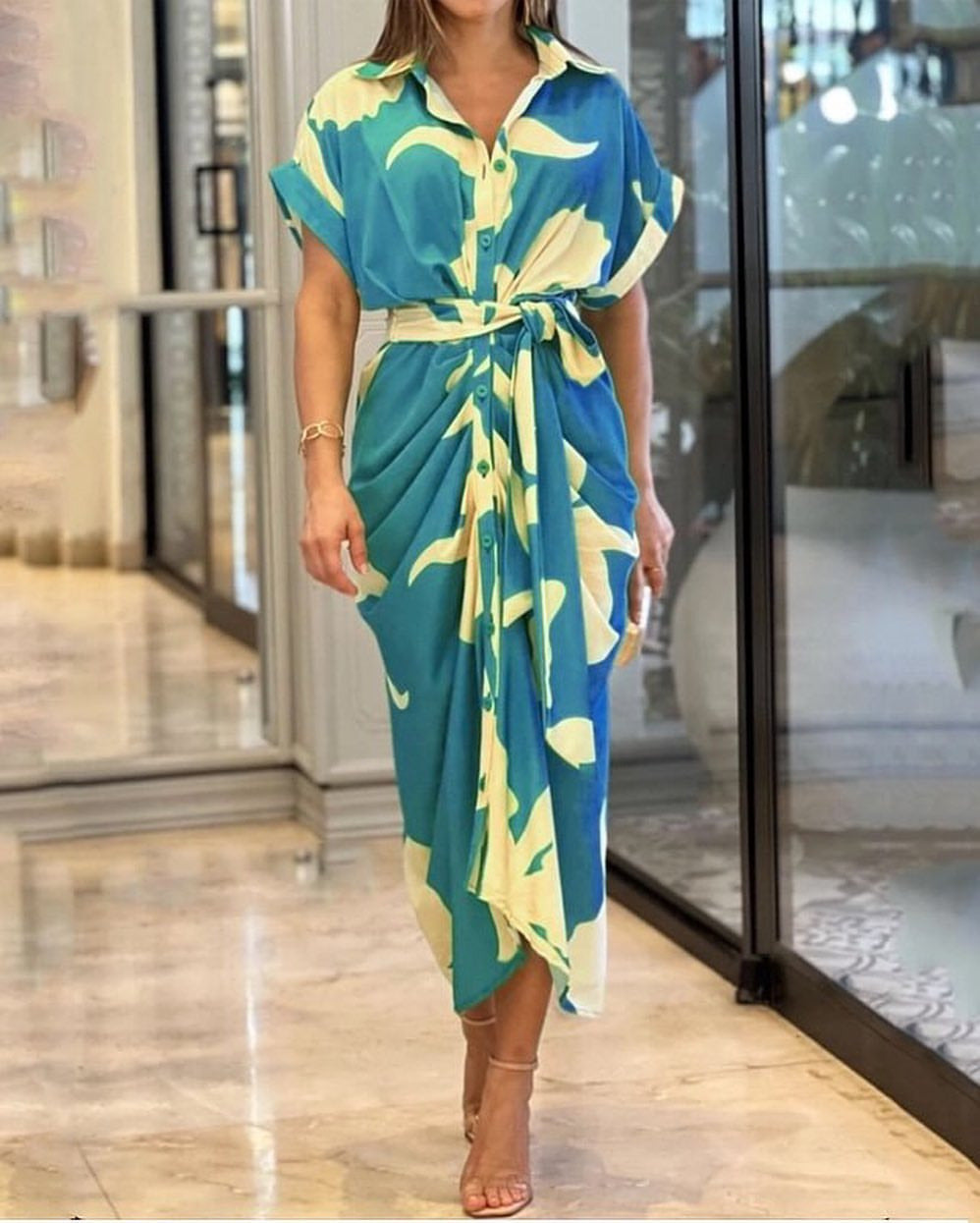 Women's Mid-length Sleeve Single-breasted High Waist Shirt Dresses