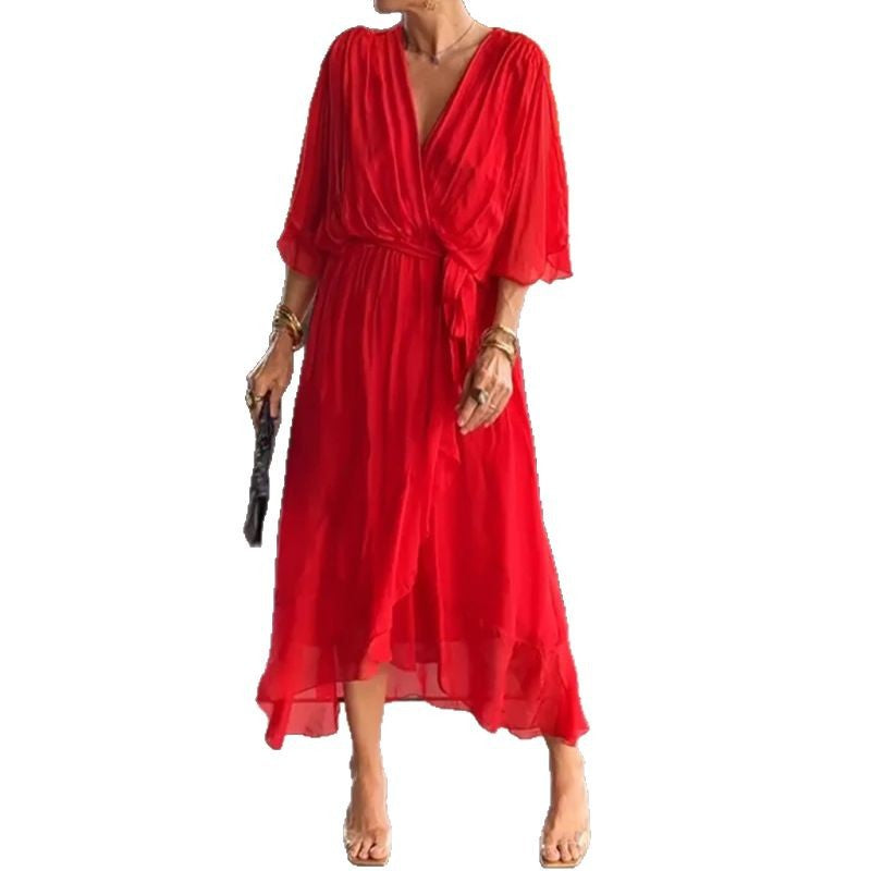 Women's Pure Color Tied Long Batwing Sleeve Dress