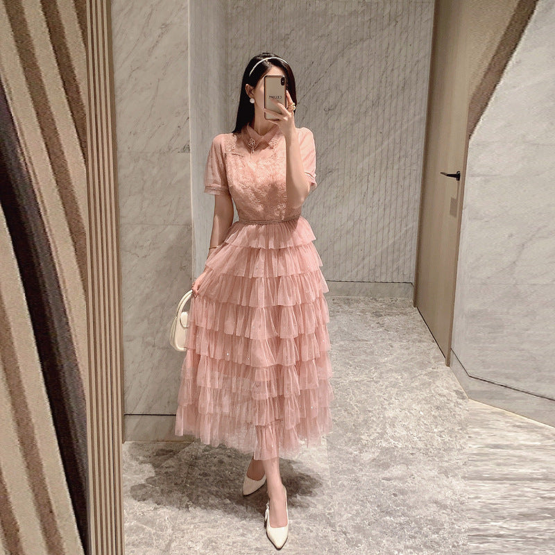 Women's Mesh Beads Dress Summer Design Sense Waist Dresses