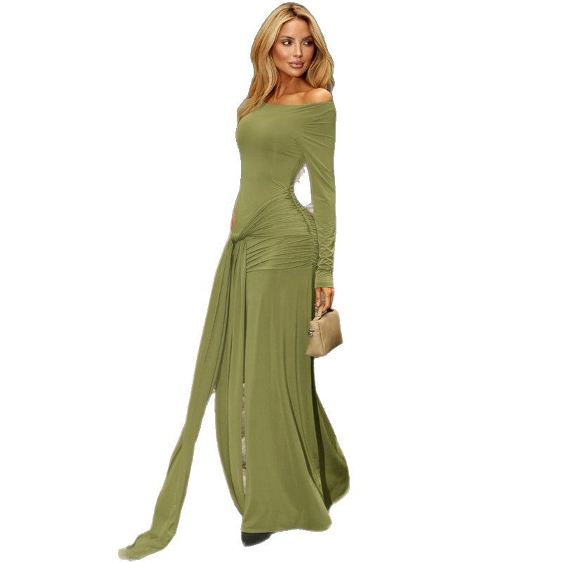 Autumn Round Neck Long Sleeve Solid Color Hollow Dress