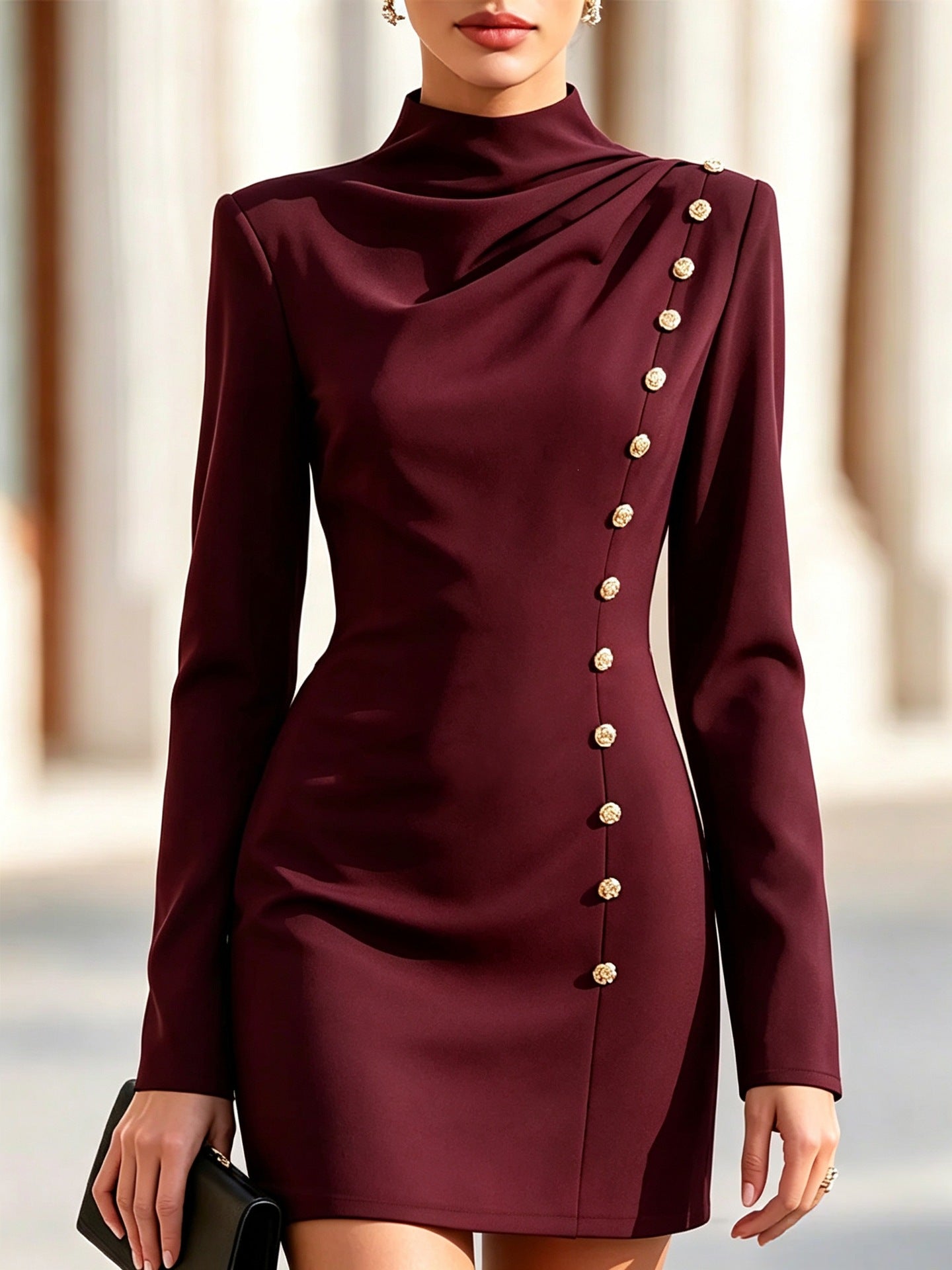 Half Turtleneck Pleated Slim Fit Metal Buckle Long Sleeve Skirts