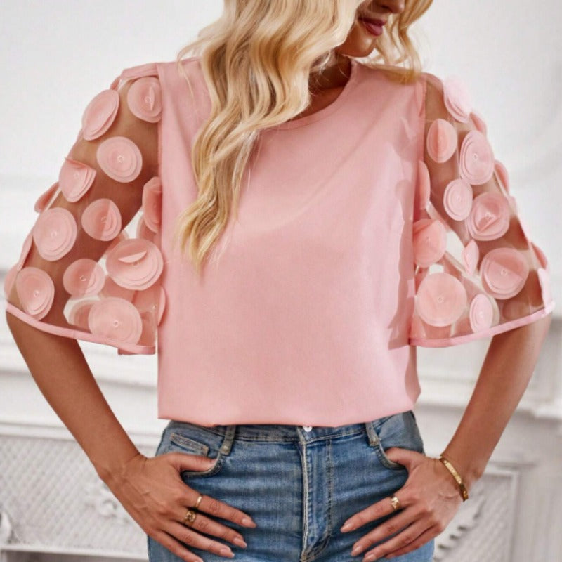Round Neck Sleeve Casual Lace Patchwork Blouses