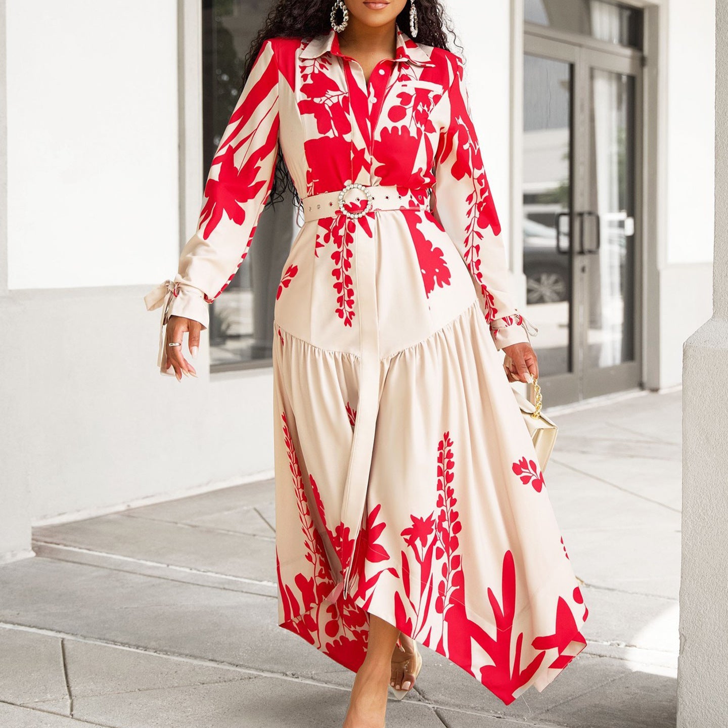 Women's Summer Long Sleeve Printing Lapel Irregular Loose Dress