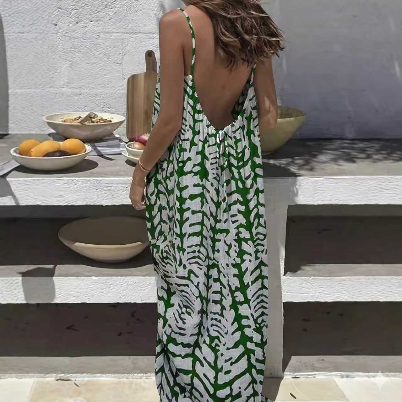Women's Sling Backless Loose Leisure Pajamas Printed Dress