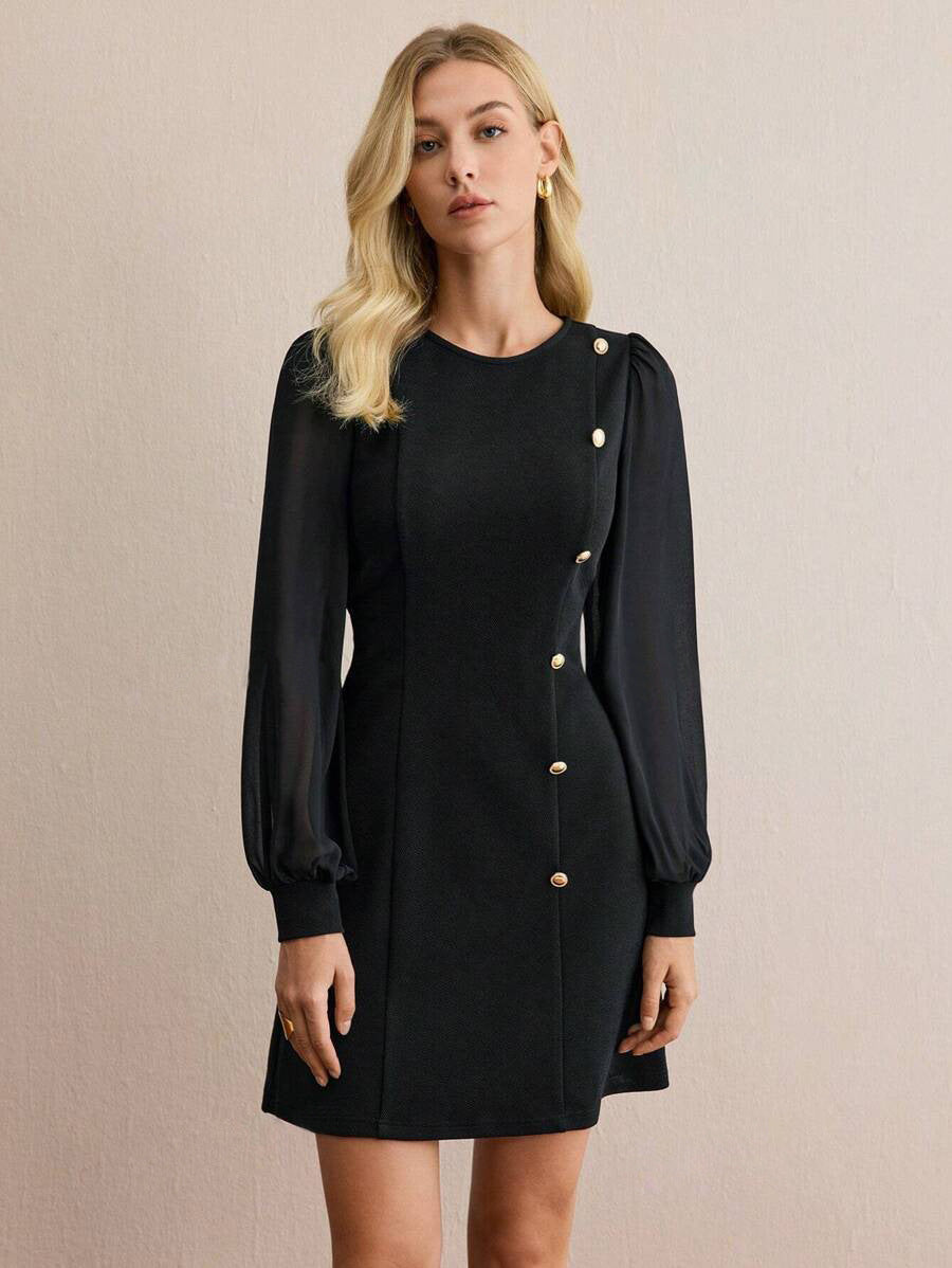 Women's Spring Round Neck Clinch Slimming Solid Dress