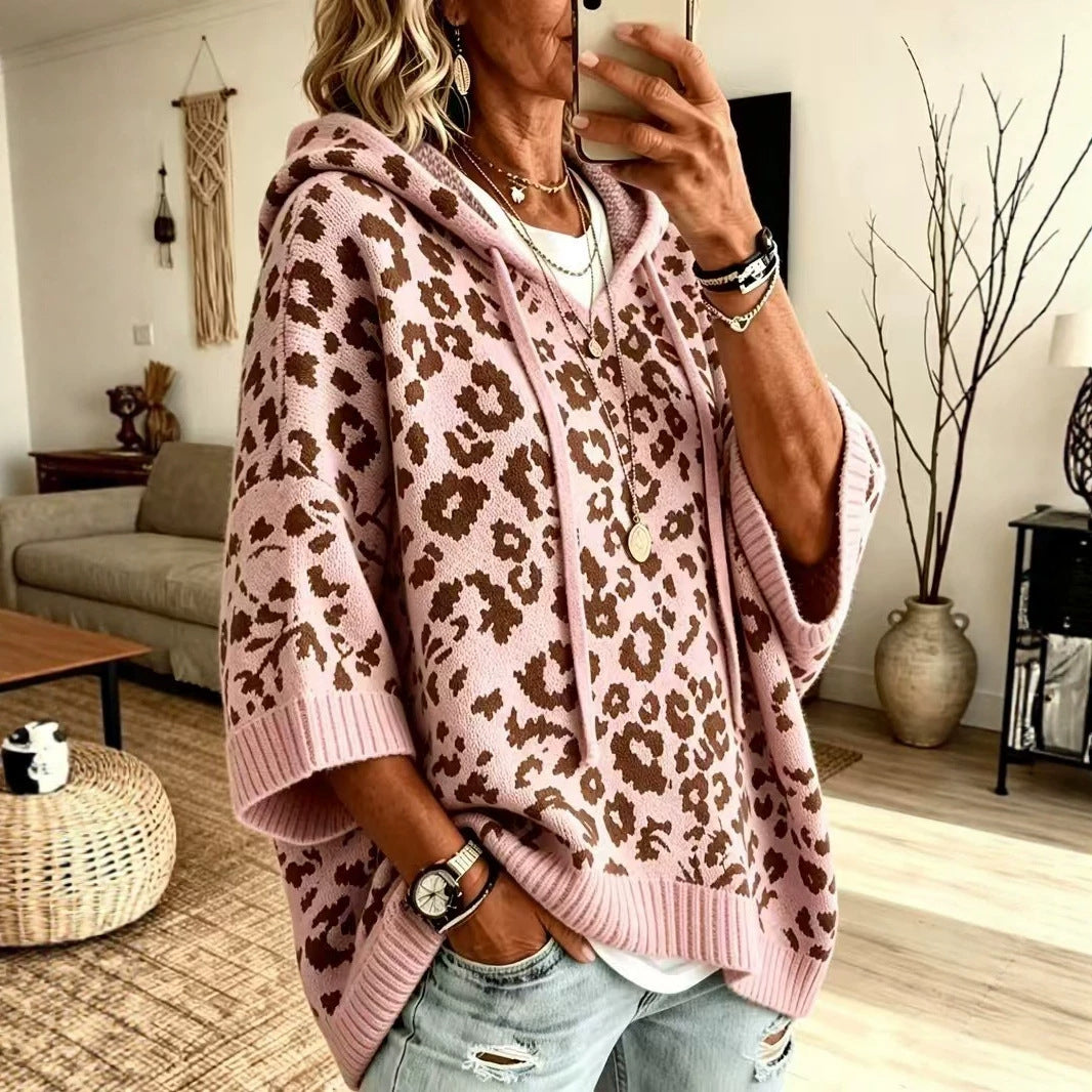 Leopard Print Hooded Drawstring Knitted Outerwear Pullover Sweater