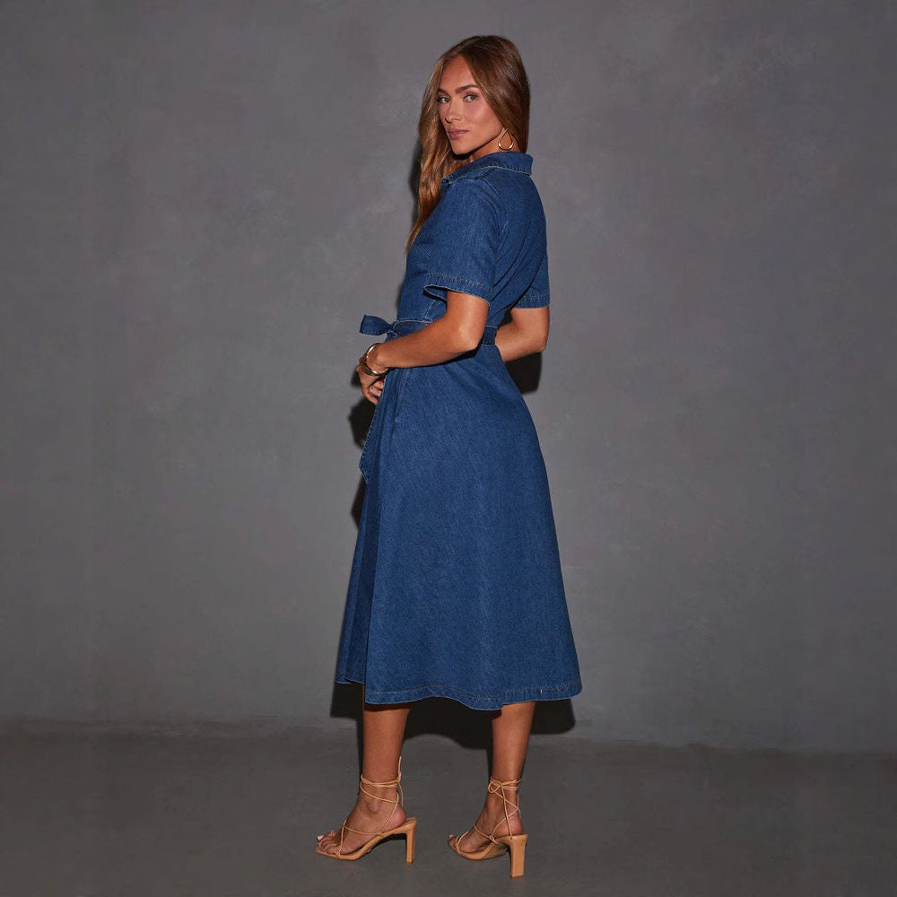 Women's Retro Denim Dress Long Fashionable French Dresses