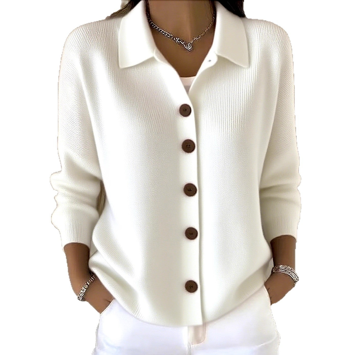 Women's Button Knitted Lapel Solid Color Casual Sweater