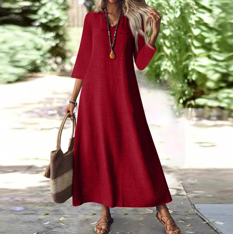 Zipper Sleeve Cotton Linen Solid Color Dress