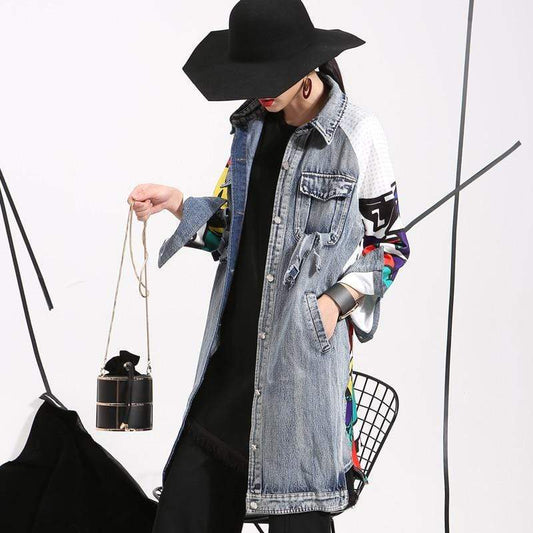 Women's Denim Trench Fashionable Image Drawing Creative Coats