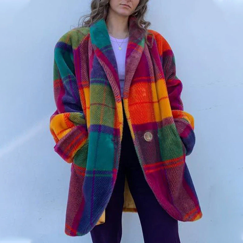 Refined Plaid Color Contrast Patchwork Lapel Coats